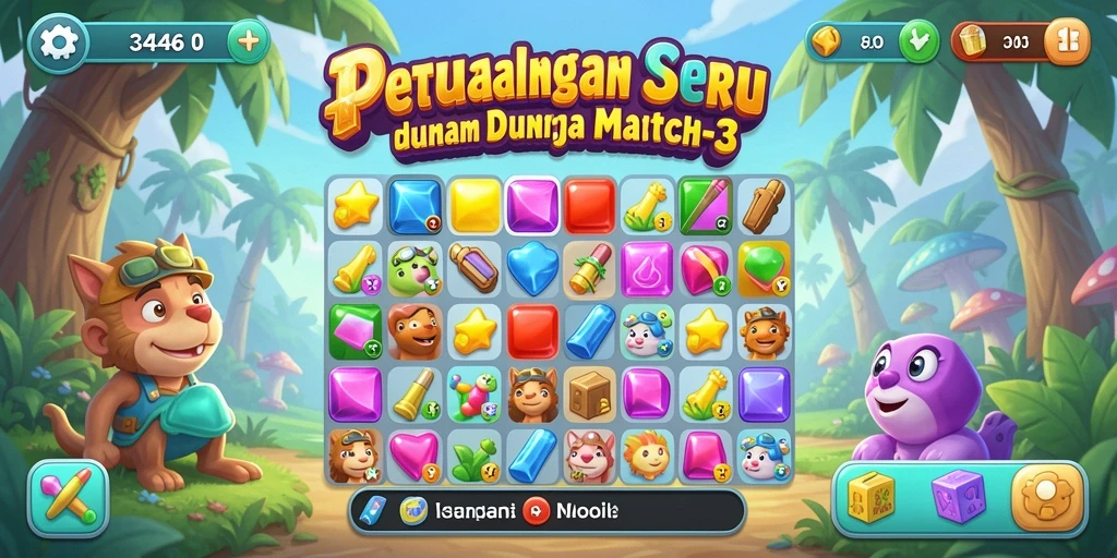 Tampilan gameplay Match-3 yang menarik dan penuh warna.