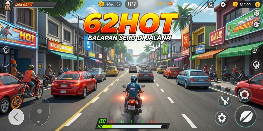 Screenshot gameplay 62HOT dengan mobil balap sedang melaju di trek.