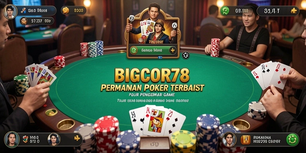 Tampilan utama BIGCOR78 menampilkan pemain poker dalam suasana yang mendebarkan.