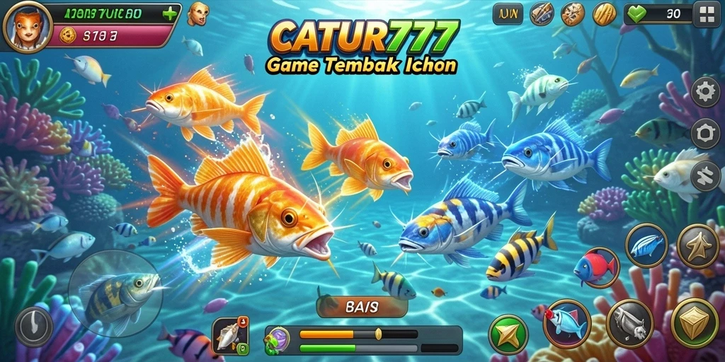 Screenshot utama menunjukkan aksi menembak ikan yang seru di CATUR777.