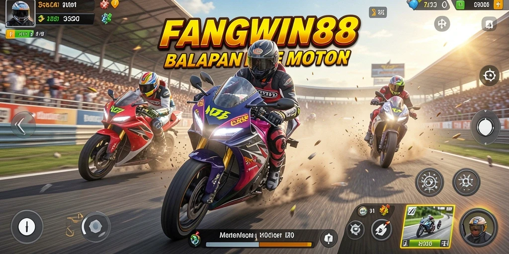 Tampilan gameplay FANGWIN88 saat balapan motor yang seru.