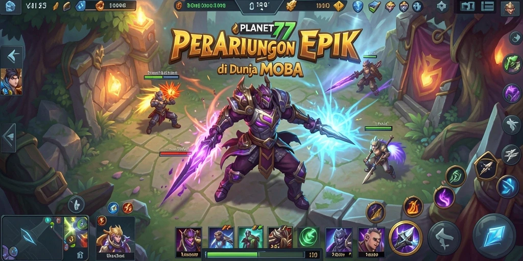 Screenshot PLANET77 menampilkan aksi gameplay MOBA yang intens.