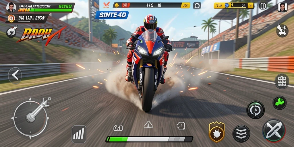 Tangkapan layar gameplay SINTE4D yang menunjukkan balapan motor yang seru.