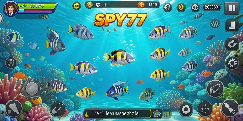 Screenshot gameplay SPY77 yang menampilkan aksi menembak ikan seru.